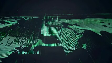 A digital landscape of flowing green binary code creates a world map form representing technology and data visualization