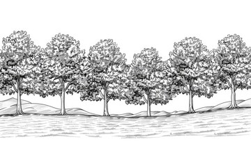 Wall Mural - Coloring book illustration of a row of Metasequoia trees in a serene landscape