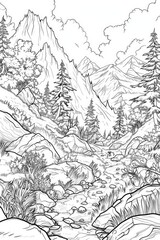 Wall Mural - Coloring book illustration of a scenic skyline trail in a mountainous landscape