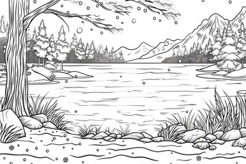 Wall Mural - Coloring book illustration of a serene lake surrounded by winter scenery