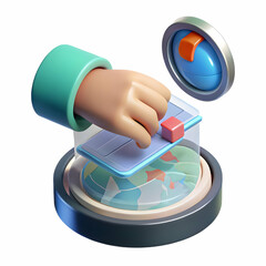 Sticker - Holographic Electoral Map Concept: Close-Up of Voter's Hand Manipulating 3D Map with Real-Time Election Results, Showcasing Advanced Data Visualization in Photo Stock