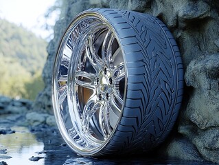 A chrome rim with a black tire leans against a rocky hillside.