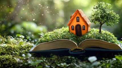 Wall Mural - a whimsical scene featuring a miniature house on an open book, symbolizing creativity, imagination, 