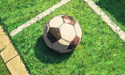 A classic white and brown soccer ball sits in the corner of a green field with white lines, under a bright sunny sky.