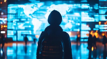 Person gazing at digital map in modern environment