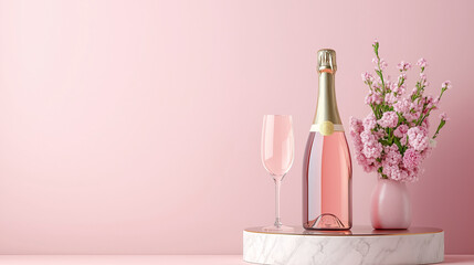 Elegant champagne display with pink flowers on marble table