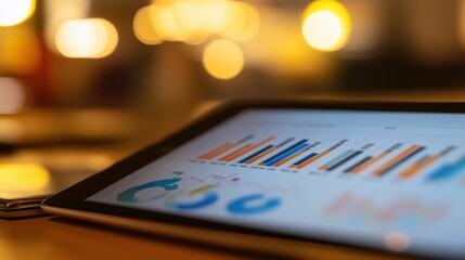 Wall Mural - tablet showing graphs and charts with warm background lights