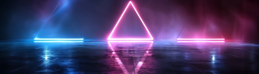 Fototapete - A futuristic scene featuring glowing neon lights and a reflective surface, creating a vibrant atmosphere with geometric shapes.