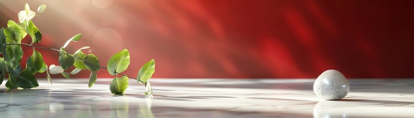 Fototapete - A serene composition featuring a single marble on a smooth surface with a gentle play of light and greenery, perfect for artistic use.