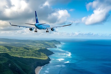 Airplane landing over tropical island with blue ocean, green coastline, and white clouds