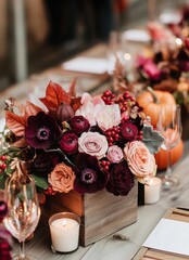 Wall Mural - Elegant autumn floral arrangement with pumpkins and candles on a rustic wooden table for a festive gathering in a cozy venue during the harvest season