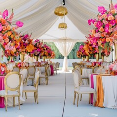 Wall Mural - Elegant outdoor wedding reception setup with vibrant floral centerpieces and beautifully arranged tables under a white tent during daytime