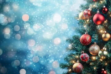 Colorful christmas tree with decorations against a blue bokeh background for holiday celebrations