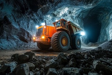 A large orange mining truck is seen driving through a dark tunnel in a mine. The truck's headlights illuminate the rough, rocky walls of the tunnel.