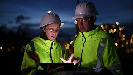 Sticker - Engineer wear uniform and helmet stand workplace hand holding tablet computer, survey inspection teamwork plant site to work with night lights oil refinery background.