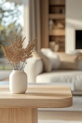 Wall Mural - A cozy living room with a simple vase holding dried flowers on a wooden table, featuring soft furniture and natural light streaming through the window in a warm, inviting space