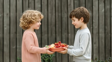 Two children sharing a plate of fresh strawberries outdoors.