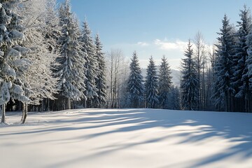 Canvas Print - Snowy winter landscape with fir trees and blue sky. Beautiful snowy forest scenery for wallpaper or backdrop