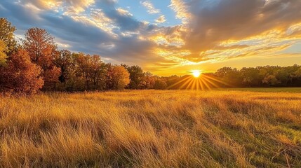 Wall Mural - Tranquil Autumn Sunset Over Golden Field