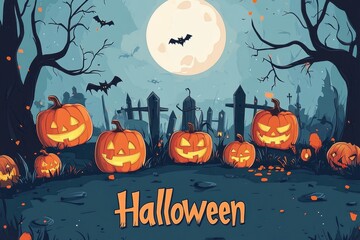 Wall Mural - flat illustration of Halloween night with pumpkins, spooky trees and full moon in background Cute cartoon style illustration 