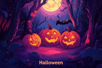 Wall Mural - illustration of Halloween pumpkins, bats, and jack-o'-lanterns in the dark forest with a full moon background, in a cartoon style text 