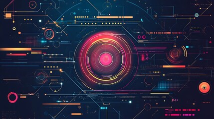 Abstract digital technology background with glowing circular interface and lines.