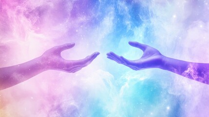 two hands reaching out to each other in space with a nebula background, colorful and bright