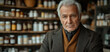 © sommersby - An elderly man with gray hair gazes thoughtfully in an apothecary filled with herbal bottles and natural remedies, portraying quiet wisdom