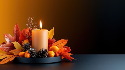 Wall Mural - Thanksgiving decorations, featuring a single candle and a simple wreath on a clean table, the details of the leaves and candle wick enhanced by focus stacking