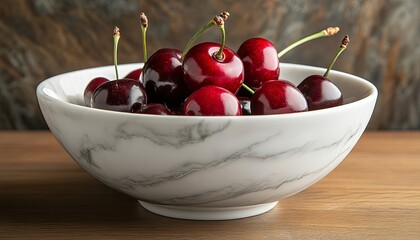 A white bowl with a marble pattern design, filled with fresh, ripe cherries, sits on a wooden table with a brown background.