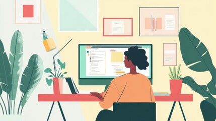 Remote worker on a video call during a webinar, actively discussing project details and fostering teamwork in a digital workspace.