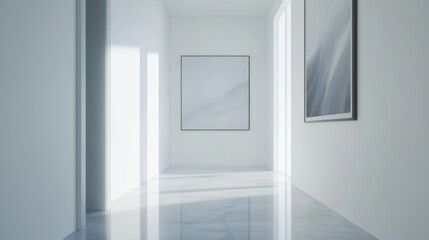 Poster - A unique perspective of a hallway in a minimalist home, highlighting the simplicity of the design with white walls, a polished floor, and minimal artwork for an elegant touch.