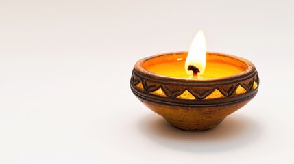 Close-up of a diya lamp with a flickering flame isolated on a clean white background leaving ample space for text around the object