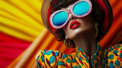 a stylish model showcases vibrant summer fashion with oversized sunglasses against a colorful backgr