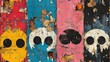 © Monty - Four vibrantly colored panels with skull imagery symbolize decay and resilience in street art forms.