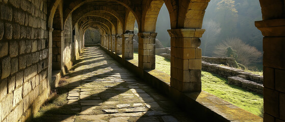 A serene stone corridor with arches, illuminated by natural light, casting long shadows on the pathway.