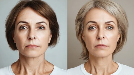 A woman with shoulder-length hair shows two contrasting styles, one with a dark shade and the other in a light hue, captured in a bright studio setting with neutral background tones