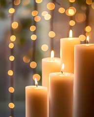 Wall Mural - Capture the warm glow of candles with a backdrop of softly glowing hanging lights, using a shallow depth of field to create a bokeh effect