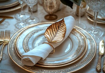 Canvas Print -  A golden leaf-shaped napkin ring surrounds the white linen cloth of an elegant table setting, complemented by silver cutlery and plates with gold trim. 