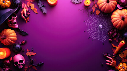 Wall Mural - a spooky halloween scene with pumpkins, candles, a skull, and a witch’s hat, surrounded by bat decor