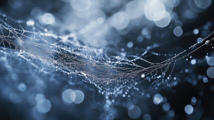 Wall Mural - a shimmering spider web filled with dewdrops, illuminated by soft blue light in the darkness, creati