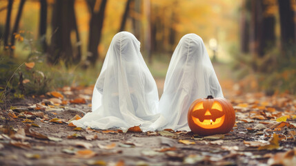 Wall Mural - two children dressed as ghosts sit on a forest path next to a glowing jack-o'-lantern. the autumn le