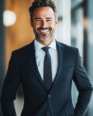 Canvas Print -  A professional businessman in a tailored suit smiling confidently in a modern office