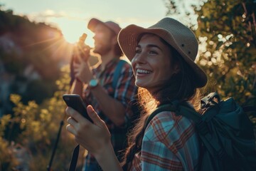 Poster - A woman looks at her cell phone while wearing a hat and backpack, possibly on a hike or outdoors adventure