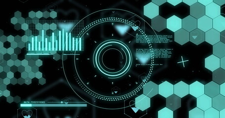 Canvas Print - Image of scopes and scientific data processing over black background