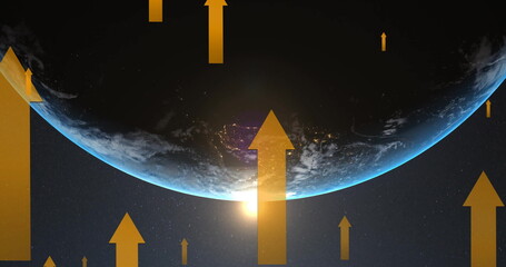 Wall Mural - image of orange upward arrows over sun and globe in space
