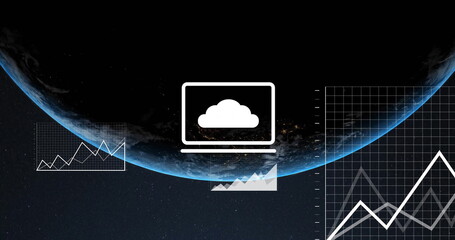 Poster - Image of digital media icons and charts processing data over globe in space