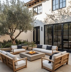 Elegant outdoor seating area with modern furniture and fire pit surrounded by greenery in a sunlit courtyard setting