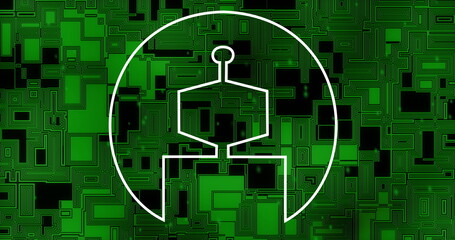 Poster - Image of robot in circle icon with ai text over green shapes moving