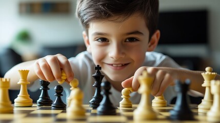 A young boy is playing a game of chess with a smile on his face